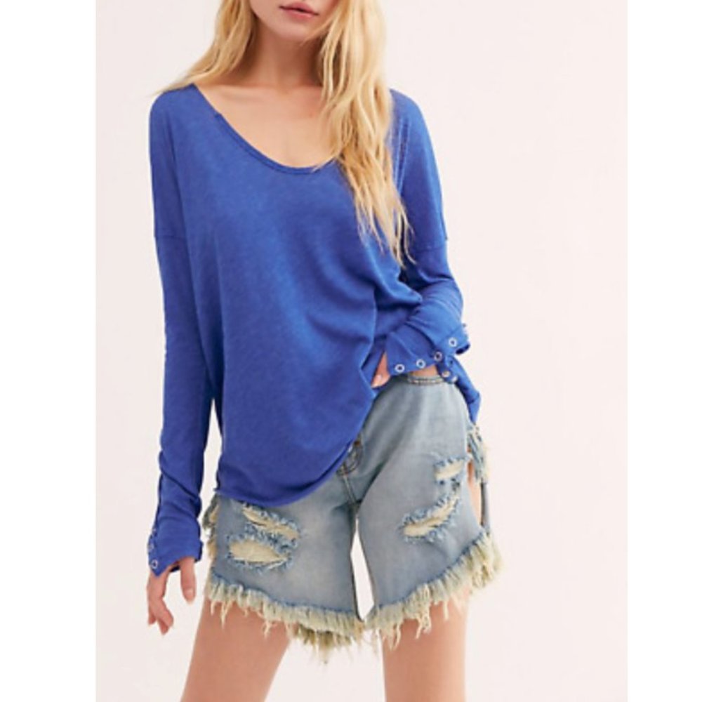 Free People Long Sleeves Sienna Royal Blue Shirt Size Small